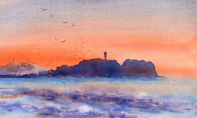 水彩画原画 朝焼け江の島 ＃603 | iichi 日々の暮らしを心地よく