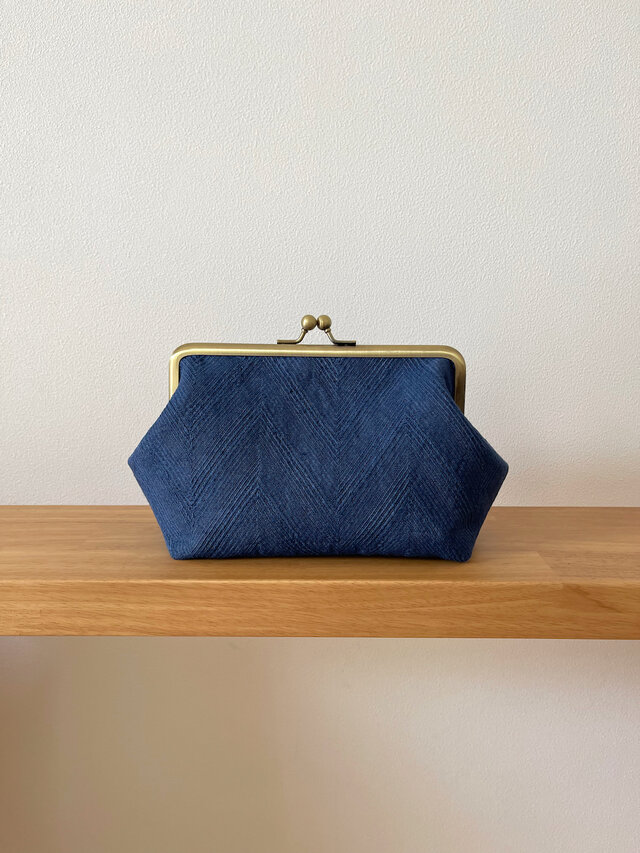 【マチ広がま口 /ヘリンボーン柄】インクブルー