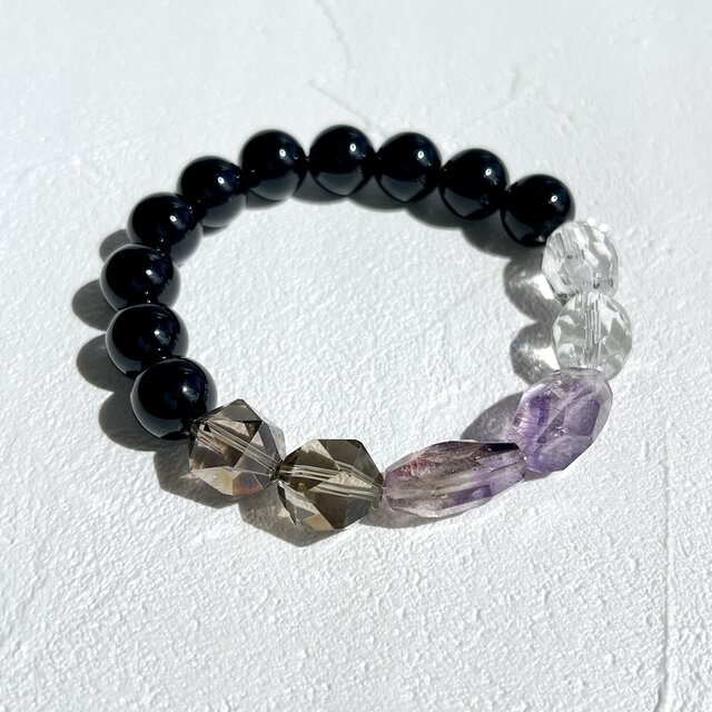 【透明度抜群】天然水晶 ブレスレット 約10mm パワーストーン 浄化・お守り 透明から漆黒へ✧モリオン10mm スーパーセブン グラデーション