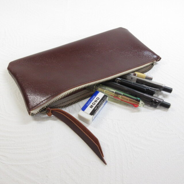 シンプルファスナーペンケース《カーフスキン》ブラウン・0120