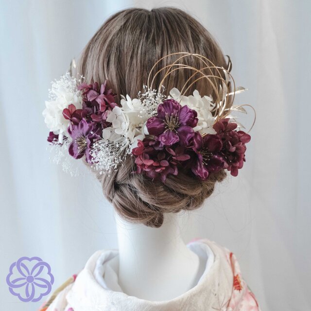 ワインレッドの紫陽花と林檎の花の髪かざり 成人式 振袖 着物 花嫁