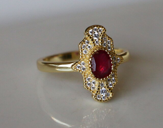 人工ルビーのリング 14号 ☆【昭和レトロ】うるうる 合成ルビー WG? レトロリング 14号