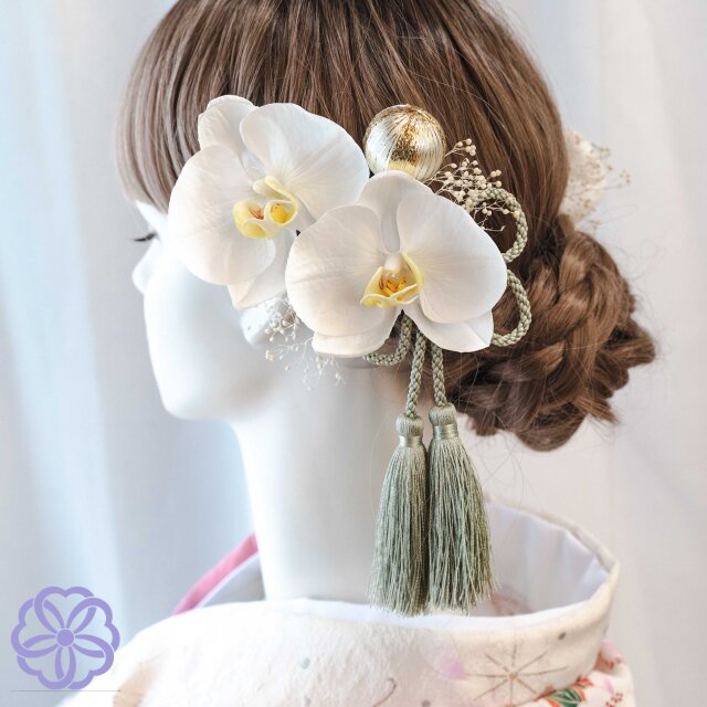 胡蝶蘭とかすみ草の髪かざり 結婚式 花嫁 白無垢 成人式 着物 和装