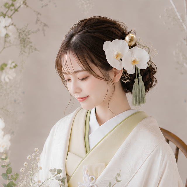 胡蝶蘭とかすみ草の髪かざり 結婚式 花嫁 白無垢 成人式 着物 和装