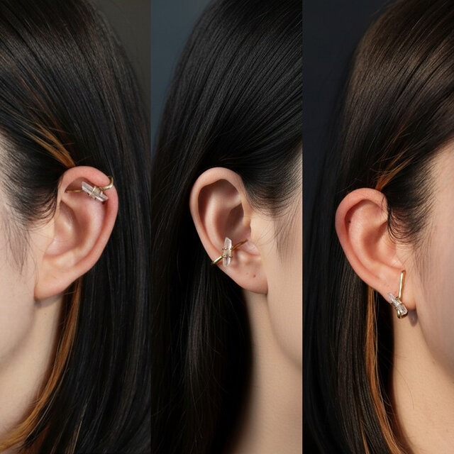 060☻ハンドメイド*アンティークボタン 大理石風 パール クリップ イヤーカフ クォーツ結晶のイヤーカフ（インダストリアル風） | iichi 日々の