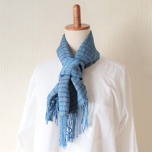 手織りスカーフ シルク 絹 インディゴブルー 藍 草木染め ミニスカーフ