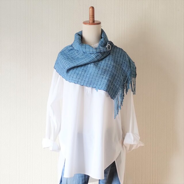 手織りスカーフ シルク 絹 インディゴブルー 藍 草木染め ミニスカーフ