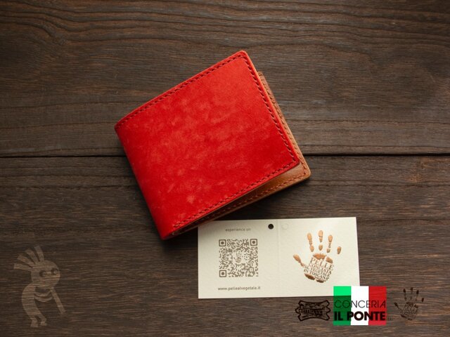 二つ折り財布　ハンドメイド　本革　マヤ イタリアンレザー マヤ 手縫い二つ折り財布 レッド | iichi 日々