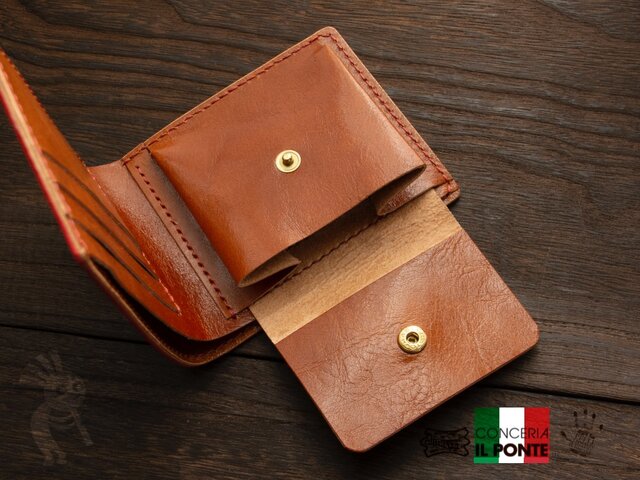 二つ折り財布　ハンドメイド　本革　マヤ イタリアンレザー マヤ 手縫い二つ折り財布 レッド | iichi 日々