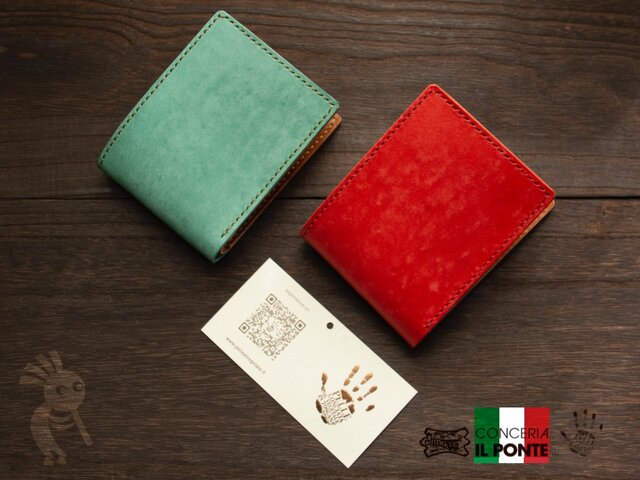 二つ折り財布　ハンドメイド　本革　マヤ イタリアンレザー マヤ 手縫い二つ折り財布 ターコイズ 二つ折り