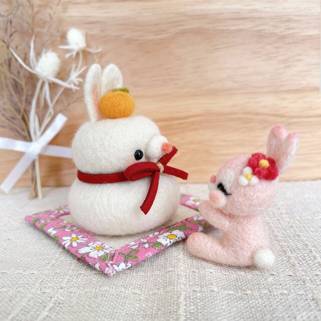うさちゃん(ピンク)のお正月セット羊毛フェルト】 | iichi 日々の