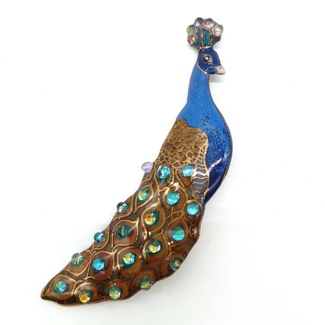 孔雀(青)の七宝焼ブローチ【受注制作】