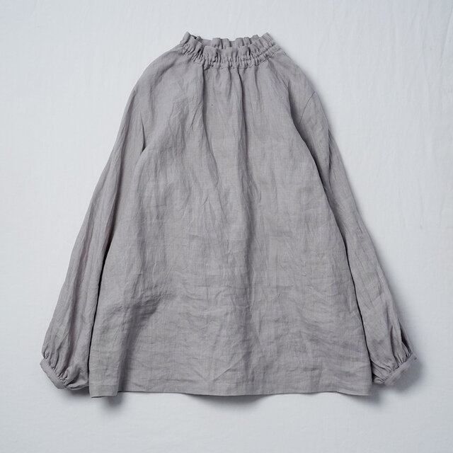 wafu】リネントップス あなたを魅力的にみせる シャーリングネック/ 灰