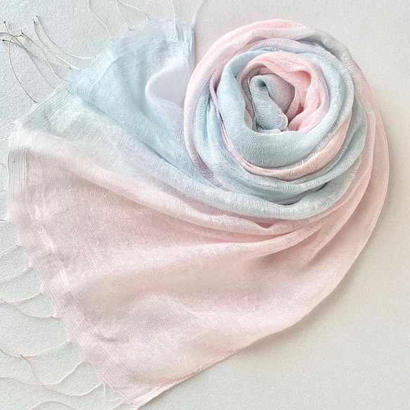 二重紗シルク＊薄桜色×水色＊レーヨンシルクストール