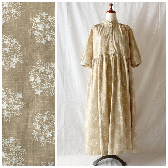 レディのためのプラムワンピース（7分袖）：120cm丈（サザンクロス紫陽花：ベージュ）