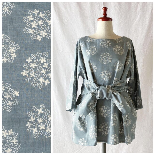 ニアリーブラウス：タイ付き：7分袖（サザンクロス紫陽花：ブルーグレー）