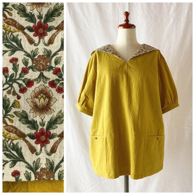 風を通すゆったりセーラーカラープルオーバー（5分袖）（小鳥ダマスクの変わり襟：マスタード×エクリュ）