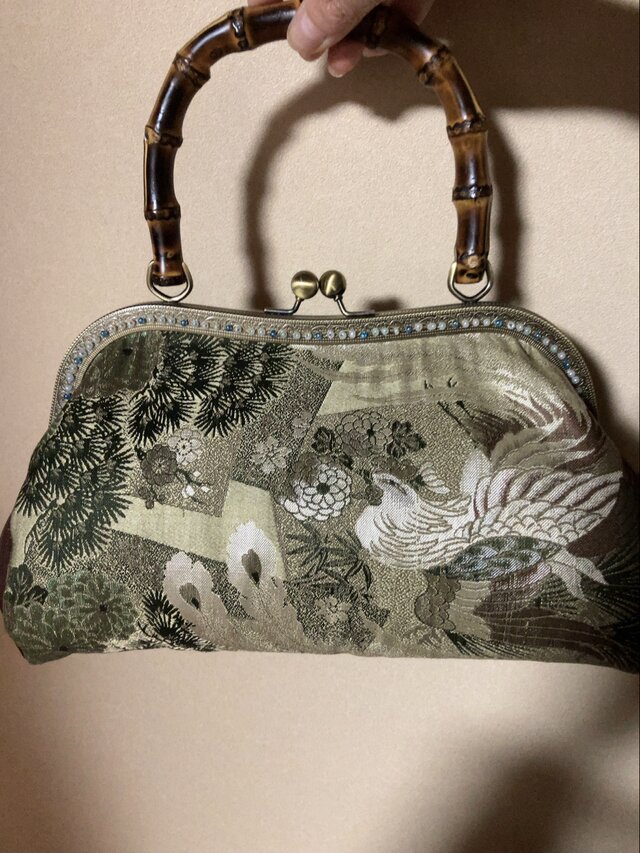 ヴィンテージ 帯  ハンドメイド がま口バッグ ガマ口 バンブー持ち手 竹 持ち手付き口金 がま口 バッグ バンブー 幅27cm 縫い付け