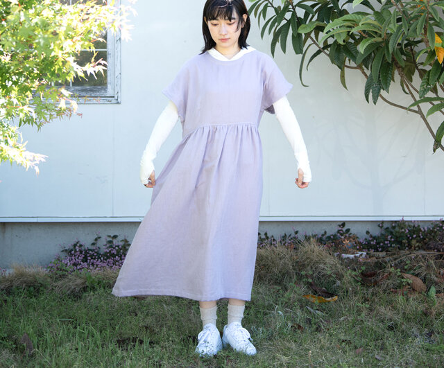 Linen＆Organiccottonガーゼ ゆったり半袖ロングワンピース