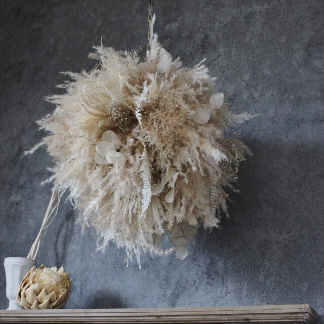 rokh]ルナリアとパンパスグラスのフライングボール（white×beige）№2