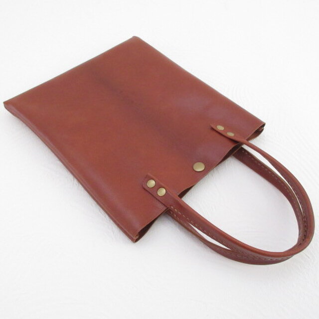 《ゴートスキン》ちょい持ちミニトート・ハンドソーイング♪ブラウンシュリンク・内ポケット付き・0429