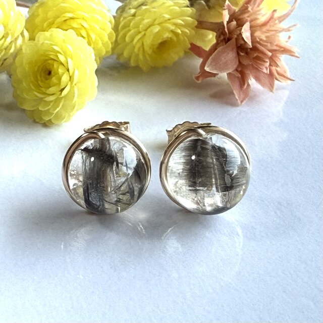 プラチナルチル クォーツ 1粒ピアス 14kgf 透明感 キャッツアイ