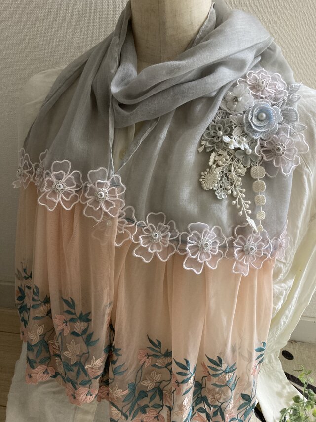 ハンドメイドクールストールグレー花チュールレースピンク