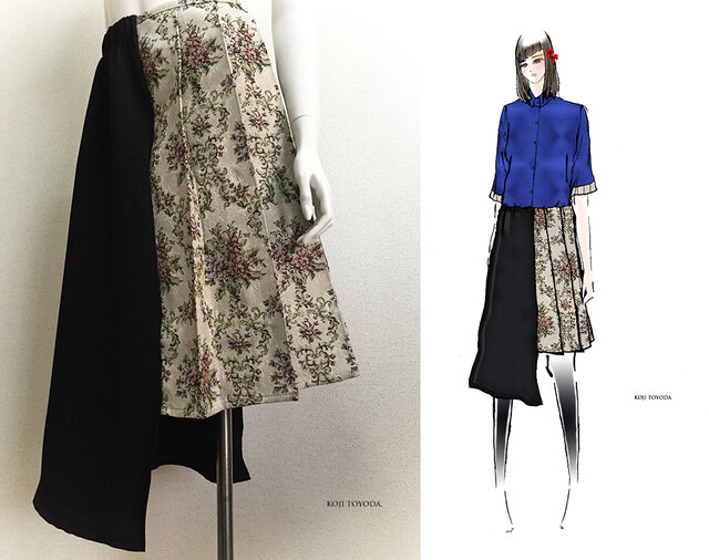 【1点もの・デザイン画付き】アシメトリーゴブラン織りプリーツスカート（KOJI TOYODA）