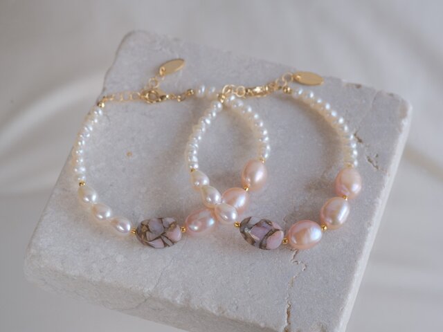 Copper pink opal & perla bracelet：コッパーピンクオパール