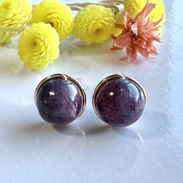 ユニコーン ストーン 1粒ピアス 14kgf ピンク トルマリン レピドライト