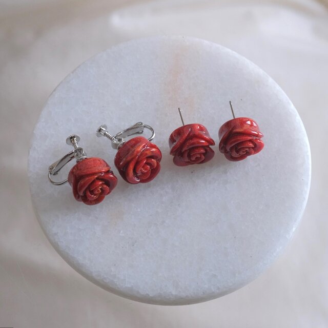 赤珊瑚ピアス・イヤリング African Coral Earring バラ 薔薇 ローズ ハンドメイド