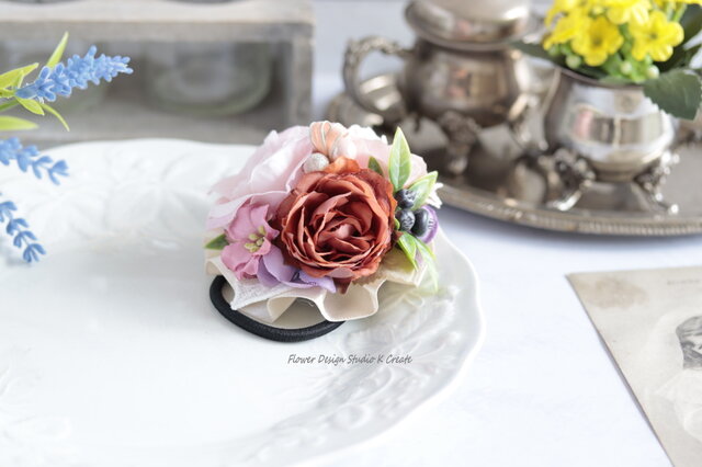 ピンクの薔薇とオレンジローズのヘアゴム お花 オレンジ ヘアゴム 薔薇