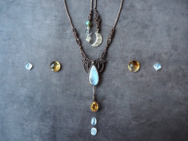 クリソプレーズ　シトリン　マクラメペンダント　ネックレス クリソプレーズ シトリン マクラメペンダント ネックレス