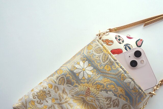 雪輪模様 ゴールド シルク 帯リメイク スマホショルダーバッグ
