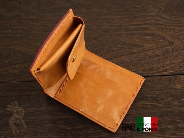 二つ折り財布　ハンドメイド　本革　マヤ イタリアンレザー マヤ 手縫い二つ折り財布 ボルドーxコニャック