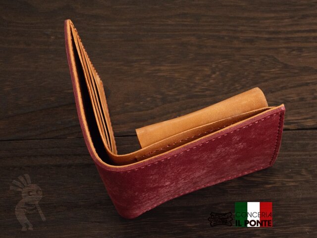 イタリアンレザー マヤ 手縫い二つ折り財布 ボルドーxコニャック