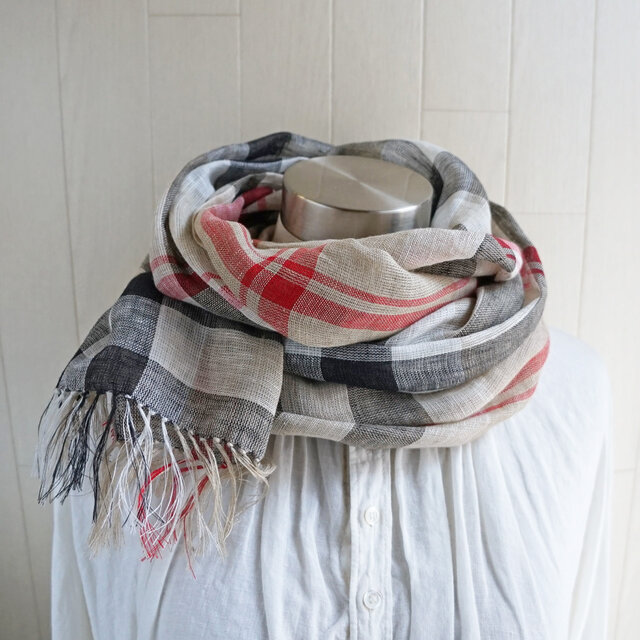 イタリアンリネン シングルガーゼのストール 　チェック ベージュ系