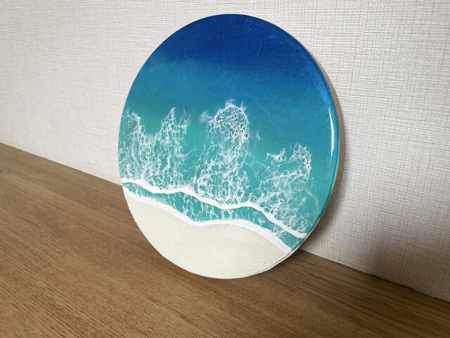 【美品】サイドテーブル　海　オーシャン　ビーチ　ターコイズブルー　レジンアート 【美品】サイドテーブル　海　オーシャン　ビーチ　ターコイズブルー　レジンアート