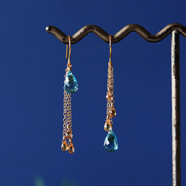 14KGFブルートパーズとオレンジサファイアのアシンメトリー