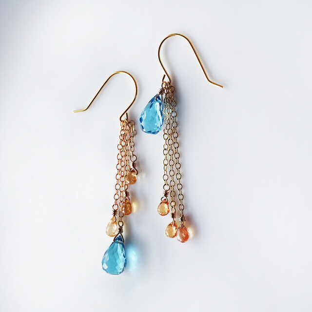 14KGFブルートパーズとオレンジサファイアのアシンメトリー