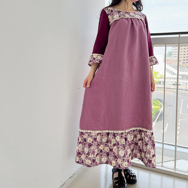 [予約販売] リネン葡萄咲き誇る薔薇ティアードワンピース