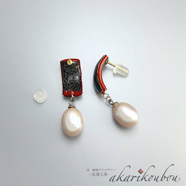 K18】螺鈿とパールの漆ピアス 金蒔絵 赤 漆アクセサリー : K18