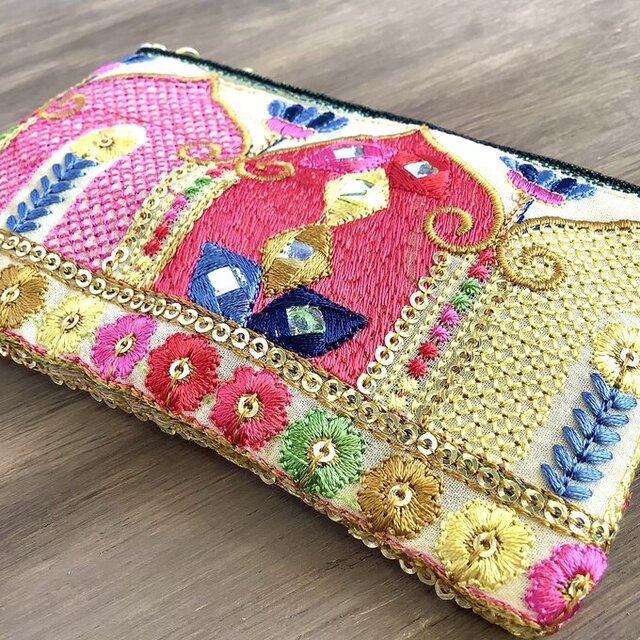 マハラジャ】畳縁＆インド刺繍リボン ぺたんこ ミニポーチ 小銭入れ