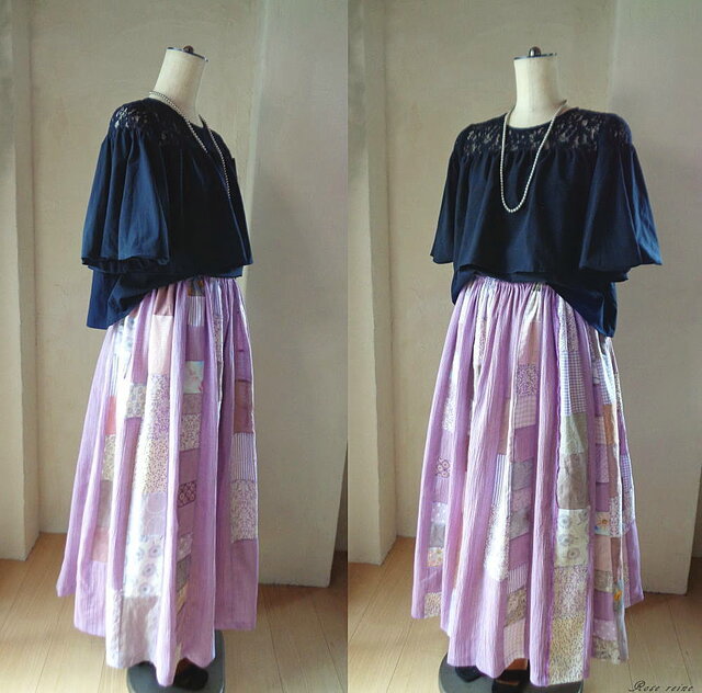 ☆GWセール ラス1♥紫陽花の夢♥絵画なパッチワーク ギャザースカート 