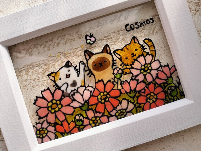 送料無料*ステンドグラス風*猫とコスモス畑・ハンドメイド