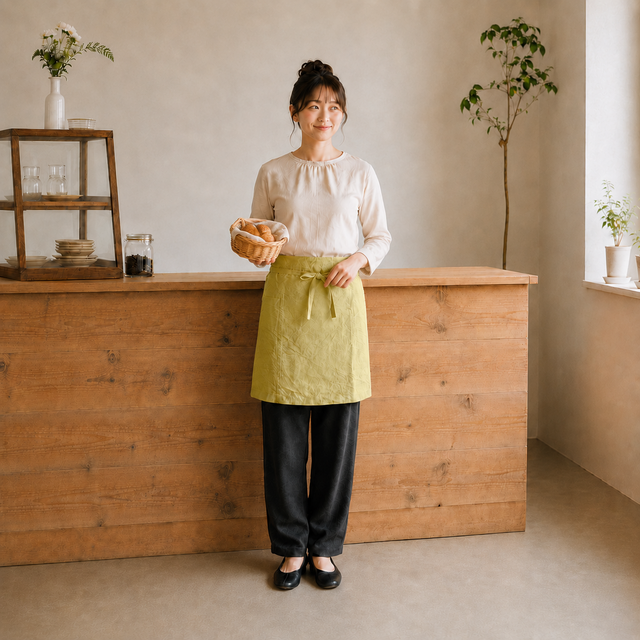 肌馴染みの良いふっくらととろむ厚みのカフェエプロン ベルギーリネン