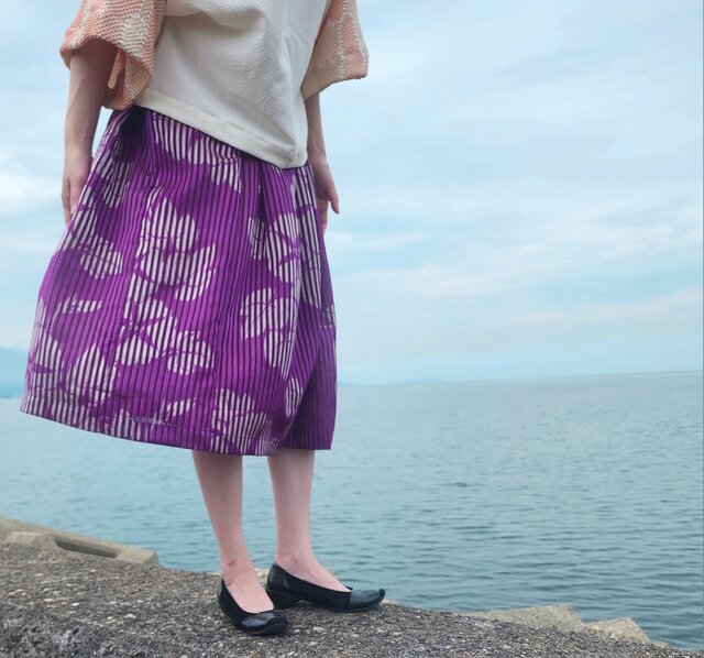 シアー素材 ミディ丈 大人かわいい 紫フレアスカート＆シルク