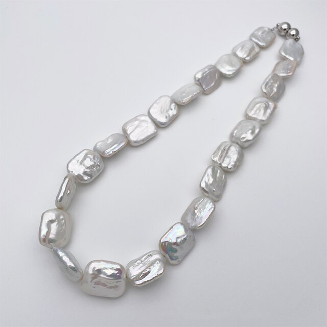 大粒 本真珠ネックレス 高品質 バロック 淡水パール レクタングル スクエア マグネット ロング 80cm対応可能