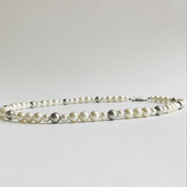 ガラスパールマルチカラーネックレス/6x8mm約50cm/ホワイトxグレーmix/made in japan