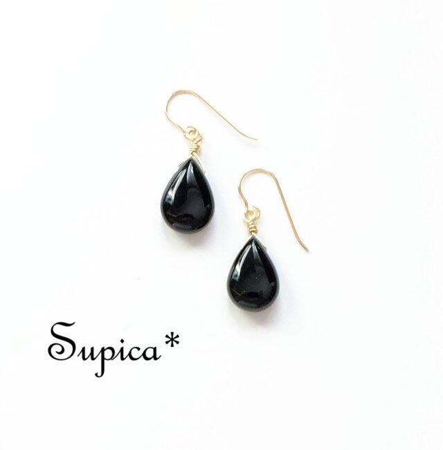 s220-627【天然石　オニキス】14kgf 漆黒のブラックピアス